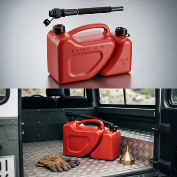 Kombinált műanyag kanna benzinhez (5L) és olajhoz (2L) piros színben. Tartós, vegyszerálló kivitel kiöntőcsővel láncfűrészekhez és kerti gépekhez.