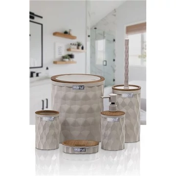 Diamond 5 részes fürdőszoba szett bézs színben. Tartós, elegáns kiegészítők: szemetes, WC kefe, szappanadagoló, fogkefetartó, szappantartó.