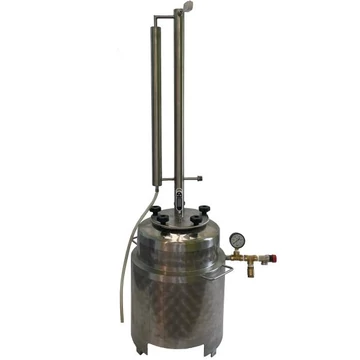 35 literes pálinkafőző aromaerősítő toronnyal, rozsdamentes acélból. Gyors, tiszta lepárlás, digitális hőmérővel, duplafalú üsttel.