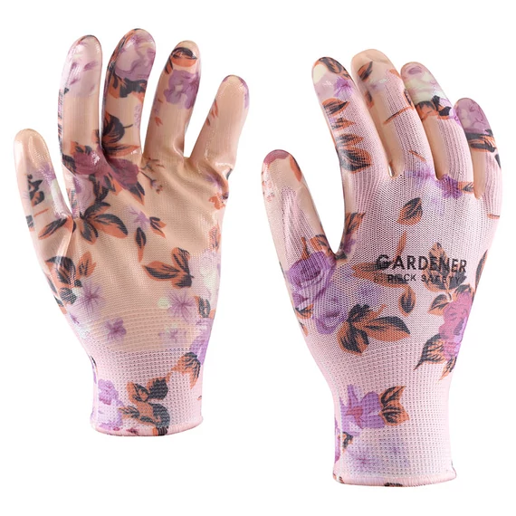 GARDENER virágmintás kertész kesztyű poliészterből, átlátszó nitril tenyérmártással. Kényelmes, csúszásmentes.