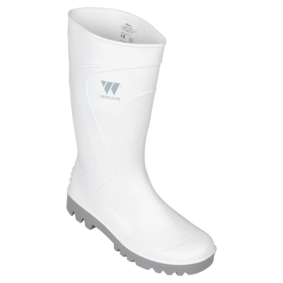 Fehér OB, SRC PVC munkacsizma, strapabíró és kényelmes lábbeli, csúszásmentes talp.