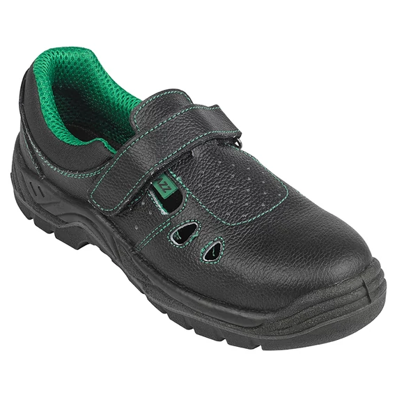 S1 SRC acélkaplis munkavédelmi szandál marhabőr felsőrésszel, csúszásmentes PU talppal. Könnyű, jól szellőző és biztonságos viselet meleg munkakörnyezetbe.