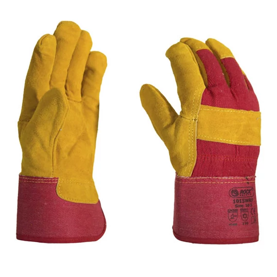 Marha hasítékbőr tenyerű kesztyű, sárga,piros vászon kézháttal, 10,5-es, téli, filcbéléssel