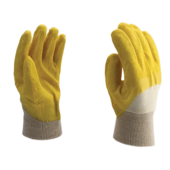 Sárga latex mártott kesztyű kötöttmandzsettával