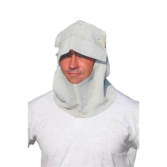 Hegesztőkámzsa fejre és nyakra marhabőrből, láng- és hőálló védelemmel. Kényelmes, állítható kialakítás, ideális hegesztési munkákhoz.