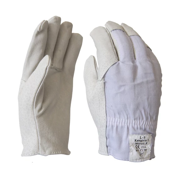 Szürke sertés színbőr sofőrkesztyű – 7-es méretű, finom sertésbőr tenyérrel, fehér vászon kézháttal és mandzsettával.