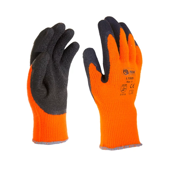 Kötött téli kesztyű, narancssárga, fekete latexmártással,9 - 11-es, akril/lycraalapanyagból