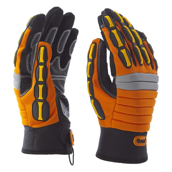 Mechanikai kesztyű, fekete tenyérfolttal,narancssárga kézháttal, beütődés elleni védelemmel