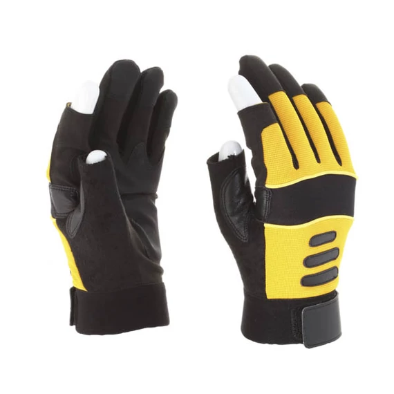 Mechanikai kesztyű, 2 ujja ujjvég nélkül, sárga,tenyérfolttal, M-es