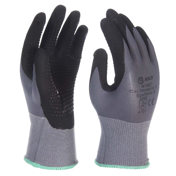 Szürke nylon/spandex kesztyű fekete mikro-habnitril tenyérmártással, PUtenyérpontozással