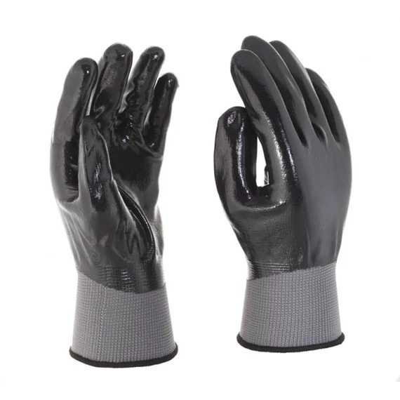 Csuklóig nitril mártott poliészter kesztyű finom szerelési munkákhoz. 