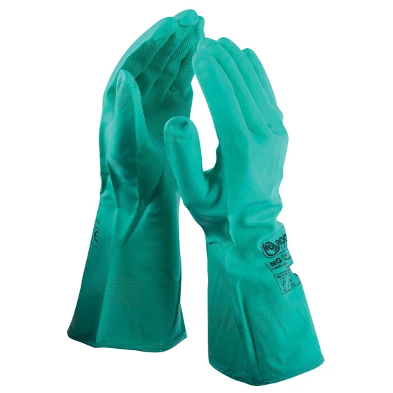 Nitrilmártott vegyszerálló kesztyű pamut béléssel, 30 cm hosszban. B típusú (AJKL) védelem, CE és EN szabvány  Zöld színben