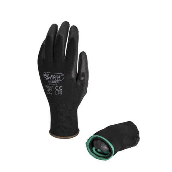 Poliészter kesztyű, fekete PU tenyéren mártott,hajtogatott,  kesztyűkiadó automatához