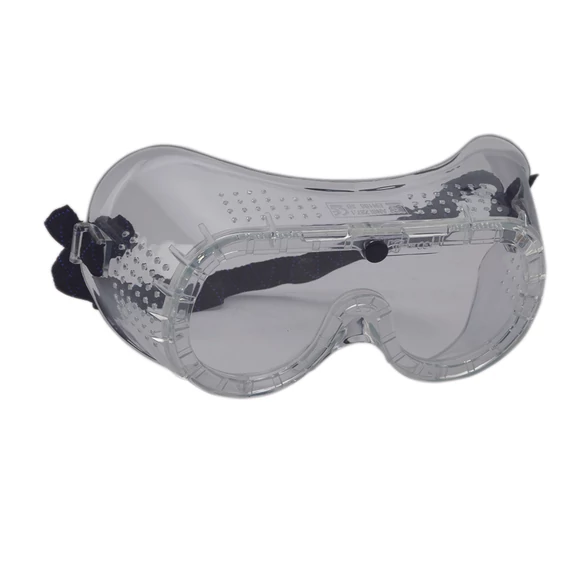 Gumipántos védőszemüveg szellőző lyukakkal – víztiszta lencse, kényelmes viselet, párásodás elleni védelem, CE és EN166 szabványos szemvédelem.