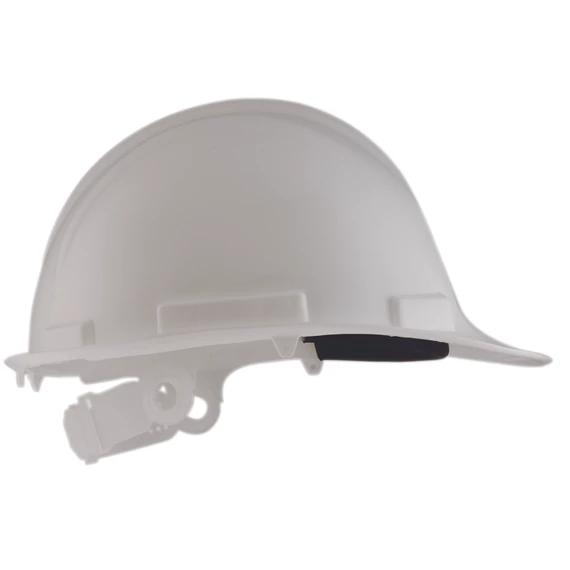 Fehér PP védősisak 6-pontos rögzítővel és homlokpánttal – könnyű, tartós, CE minősítésű fejvédelem, kompatibilis fültokkal és arcvédővel.