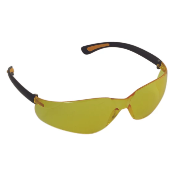 Munkavédelmi szemüveg sárga lencsével, UV-védelemmel, karcálló és páramentes bevonattal. Kontrasztfokozó hatás, ergonomikus kialakítás, állítható szár.