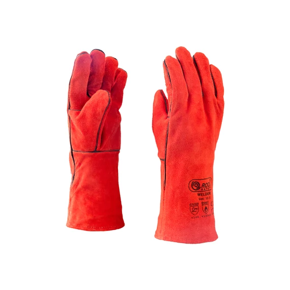 Bélelt kesztyű, piros, 35 cm hosszú, szikra és lángálló