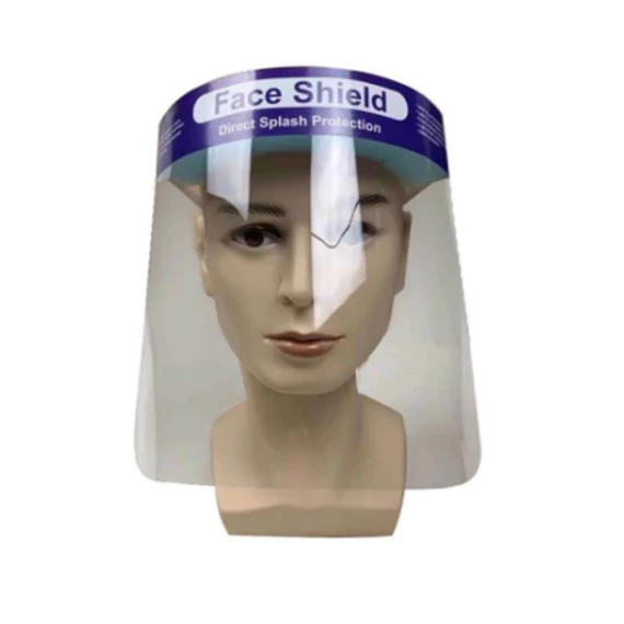Víztiszta arcvédő, páramentes, folyadékok fröccsenése ellen, szivacsos homlokvédővel és állítható gumipánttal, méret: 22x33 cm