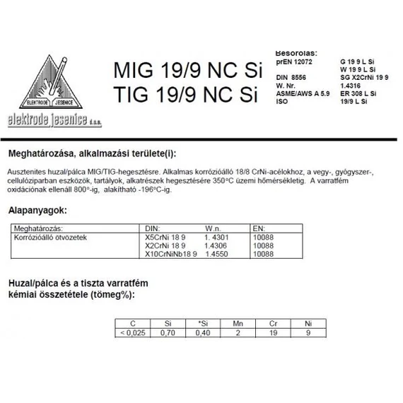 Lángpálca TIG 19/9 NC SI 2.0/1000