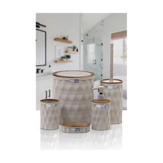 Diamond 5 részes fürdőszoba szett bézs színben. Tartós, elegáns kiegészítők: szemetes, WC kefe, szappanadagoló, fogkefetartó, szappantartó.