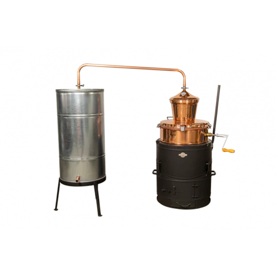 DES pálinkafőző 60 L keverővel, bilincses zárással. Horganyzott, spirálcsöves 200L-es hűtővel