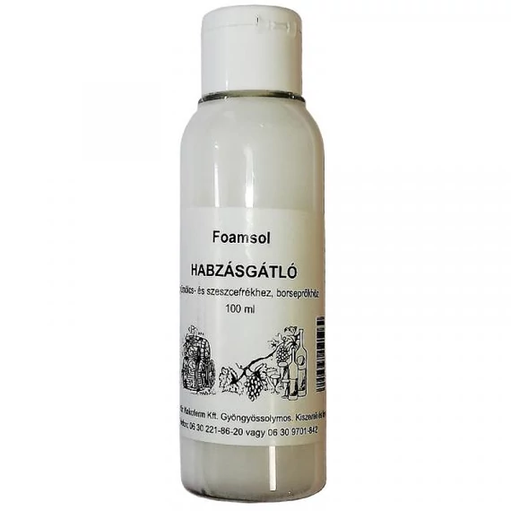 Habzásgátló FOAMSOL 100ml vízbázisú szilikon habzásgátló nélkülözhetetlen segédanyag a házi pálinka- és sörfőzés során. Segítségével megelőzhető a cefre vagy sörlé felhabzása és felégése, így biztonságosabb és tisztább főzési folyamatot biztosít.