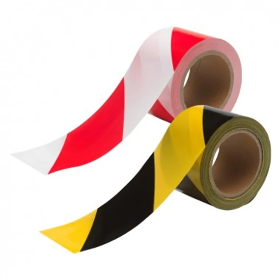 Letekerhető figyelmeztetőszalag fekete-sárga és piros-fehér színben. 75 mm széles, 100 m hosszú, nem öntapadós, kültéri és beltéri használatra.